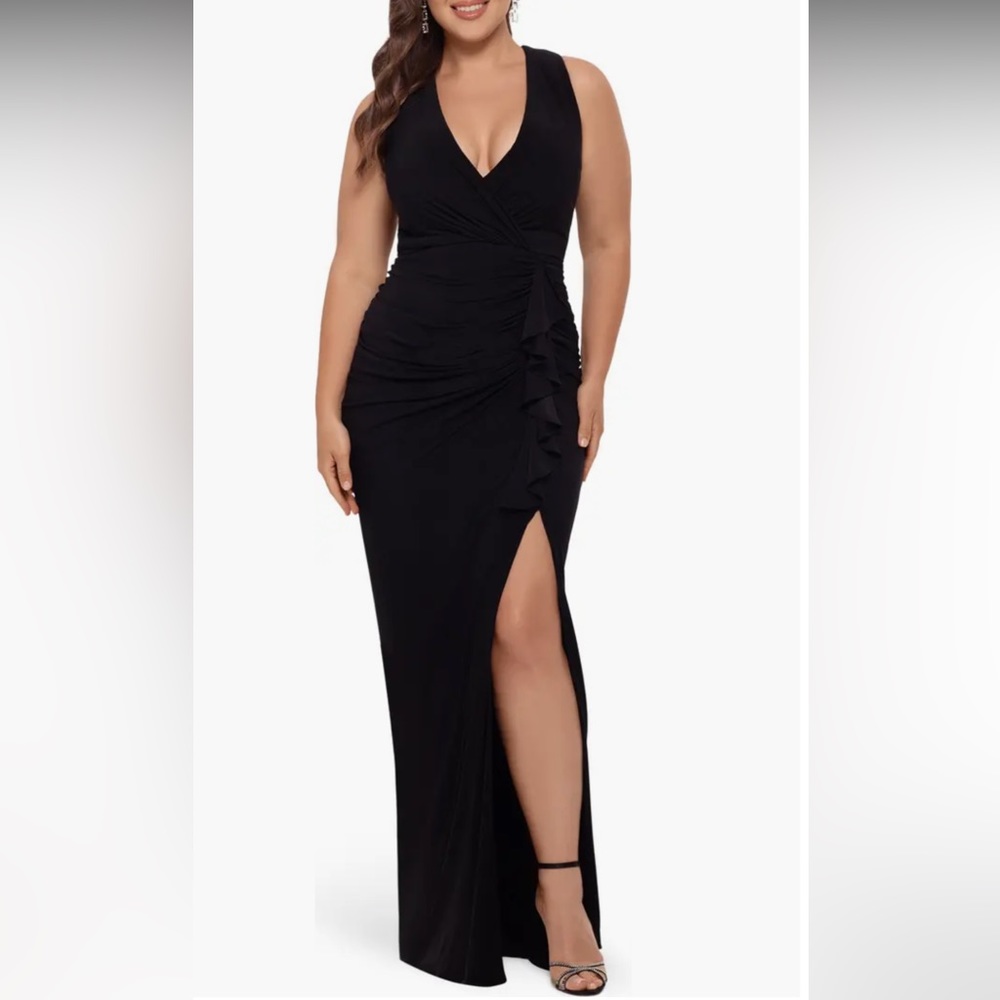 Betsy & Adam Ruched Ruffle Column Gown